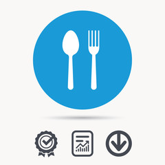 Food icons. Fork and spoon signs. Cutlery symbol. Achievement check, download and report file signs. Circle button with web icon. Vector