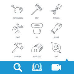 Sprout plant, scissors and pot icons. Gloves, rake and watering can linear signs. Hothouse, leaf and hammer flat line icons. Video cam, book and magnifier search icons. Vector