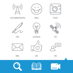 Mail, photo camera and lightbulb icons. Pen, GPS and telecommunication linear signs. FAQ, like and smile icons. Video cam, book and magnifier search icons. Vector
