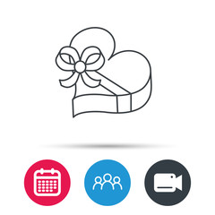Love gift box icon. Heart with bow sign. Group of people, video cam and calendar icons. Vector