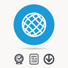 Globe icon. World or internet symbol. Achievement check, download and report file signs. Circle button with web icon. Vector