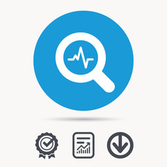 Heartbeat in magnifying glass icon. Cardiology symbol. Medical pressure sign. Achievement check, download and report file signs. Circle button with web icon. Vector
