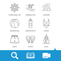 Surfboard, swimming pool and trunks icons. Beach ball, lingerie and shorts linear signs. Flippers, cruise ship and shampoo icons. Video cam, book and magnifier search icons. Vector
