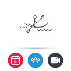 Kayaking on waves icon. Rafting or canoeing sign. Boating sport symbol. Group of people, video cam and calendar icons. Vector