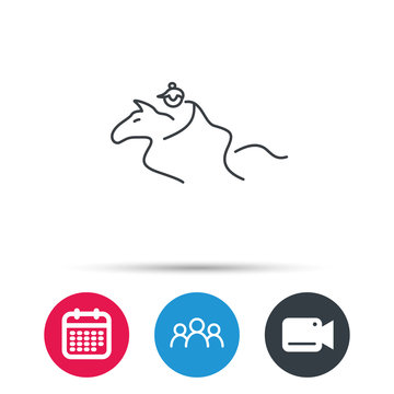 Horseback riding icon. Jockey rider sign. Horse sport symbol. Group of people, video cam and calendar icons. Vector