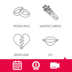Achievement and video cam signs. Broken heart, kiss and wedding rings icons. Valentine amour arrows linear sign. Calendar icon. Vector