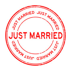 Grunge red just married round rubber stamp (For wedding or love