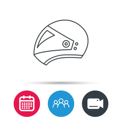 Motorcycle helmet icon. Biking sport sign. Group of people, video cam and calendar icons. Vector