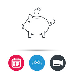Piggy bank icon. Money economy sign. Financial investment symbol. Group of people, video cam and calendar icons. Vector