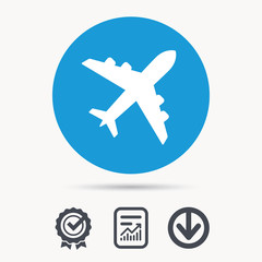 Plane icon. Flight transport symbol. Achievement check, download and report file signs. Circle button with web icon. Vector