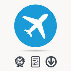 Plane icon. Flight transport symbol. Achievement check, download and report file signs. Circle button with web icon. Vector