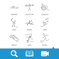 Swimming, football and skiing icons. Ice hockey, diving and gymnastics linear signs. Kayaking, weightlifting and bobsleigh icons. Video cam, book and magnifier search icons. Vector