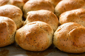 Homemade bread buns with poppy seeds.