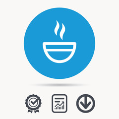 Tea cup icon. Hot coffee drink symbol. Achievement check, download and report file signs. Circle button with web icon. Vector