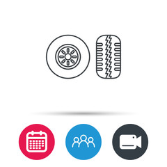 Tire tread icon. Car wheel sign. Group of people, video cam and calendar icons. Vector
