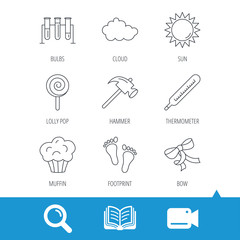 Footprint, lab bulbs and thermometer icons. Muffin, bow and lolly pop linear signs. Cloud and sun flat line icons. Video cam, book and magnifier search icons. Vector
