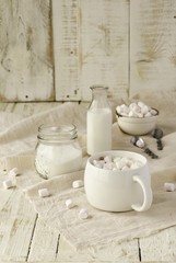 white cup with cocoa and marshmallows, selective focus