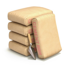 Cement bags with trowel on white background