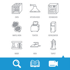 Dishwasher, refrigerator fridge and blender icons. Kitchen hood, mixer and toaster linear signs. Oven, teapot and waffle-iron icons. Video cam, book and magnifier search icons. Vector