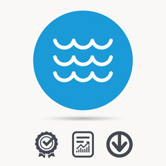 Wave icon. Water stream symbol. Achievement check, download and report file signs. Circle button with web icon. Vector