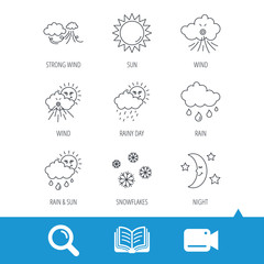 Weather, sun and rain icons. Moon night, clouds linear signs. Strong wind, snowflakes and water drops flat line icons. Video cam, book and magnifier search icons. Vector
