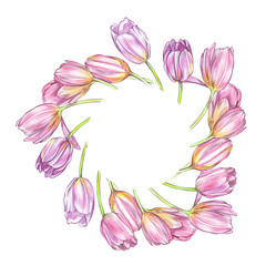 Tulips background in watercolor style, greeting card for 8 March holiday.