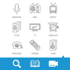 TV remote, retro phone and radio icons. PC case, microphone and alarm clock linear signs. Video cam, book and magnifier search icons. Vector