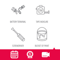 Achievement and video cam signs. Screwdriver, battery terminal and tape measure icons. Bucket of paint linear sign. Calendar icon. Vector