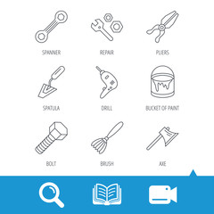 Spanner repair tool, spatula and bolt icons. Bucket of paint, axe and brush linear signs. Drill, pliers flat line icons. Video cam, book and magnifier search icons. Vector