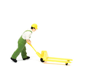 Miniature people delivery worker on white background with a space