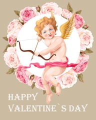 Valentines day card with roses and cupid