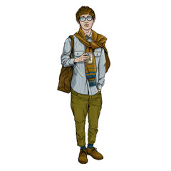 young japanese asian hipster man with coffee isolated