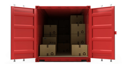 Open red cargo freight shipping container with cardboard boxes isolated on white. 3d illustration