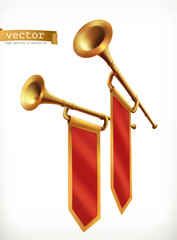 Fanfare. Gold trumpet. 3d vector icon