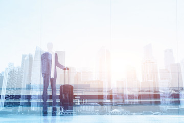 business travel, double exposure background, businessman in the airport