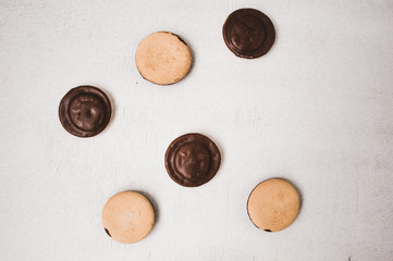Top view of several chocolate covered snack cakes