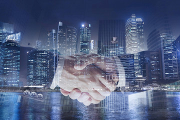 deal or agreement business concept, handshake double exposure, cooperation or partnership