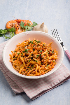 trofie pasta with shrimp tomatoes garlic and parsley