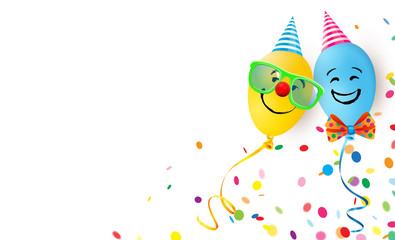 Zwei fröhliche Luftballon Gesichter mit Fasching Verkleidung und Konfetti 