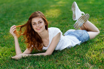 beautiful woman, park, grass, rest