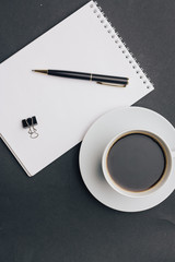 mug, coffee, notebook, pen