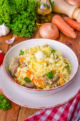 Pilaf. Rice with meat, vegetables and spices
