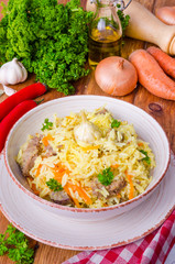 Pilaf. Rice with meat, vegetables and spices