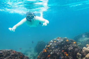 Papier Peint photo Plonger snorkeling underwater, active travels, snorkeler watching corals and fish in the sea