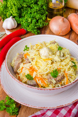 Pilaf. Rice with meat, vegetables and spices