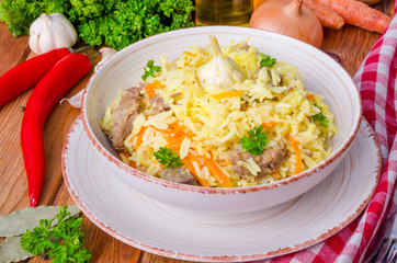 Pilaf. Rice with meat, vegetables and spices