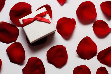 White box with a red bow on a bright red rose petals on a white background Valentine's Day.