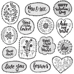 Vector pattern collection in retro style with hand drawn flowers and branches