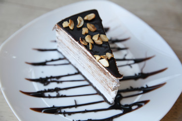 chocolate cake on wood background