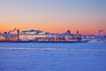 Naklejka premium The Stock Exchange and the Rostral Columns. Spit of Vasilievsky Island. Saint-Petersburg. Russia